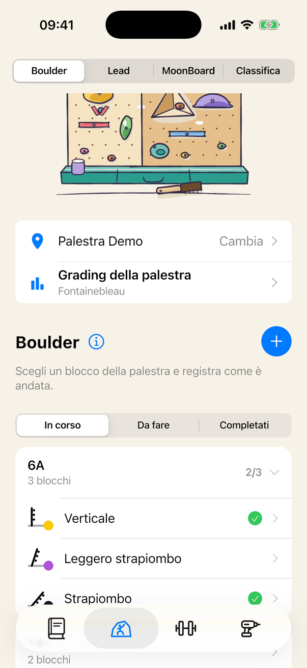 Il catalogo Boulder della palestra, con le vie raggruppate per grado.